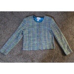 Women’s Blue/green Colorful Plaid Preppy, Tweed Button Up Blazer, Jacket. Size 8